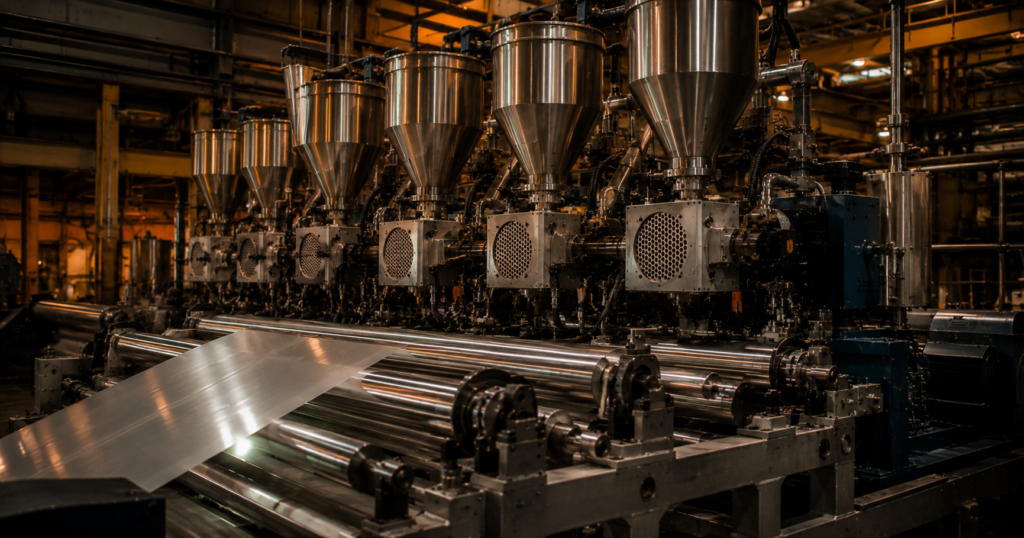 Multilayer coextrusion sheet line with individual screen changers per extruder