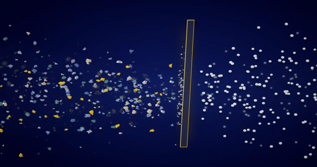 Mixed post-consumer and post-industrial plastic waste flakes before melt filtration in a recycling extrusion line